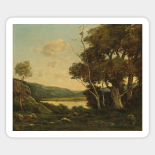 Tranquil Landscape Painting - Classic French Artwork with Trees, Water, and Hills Sticker